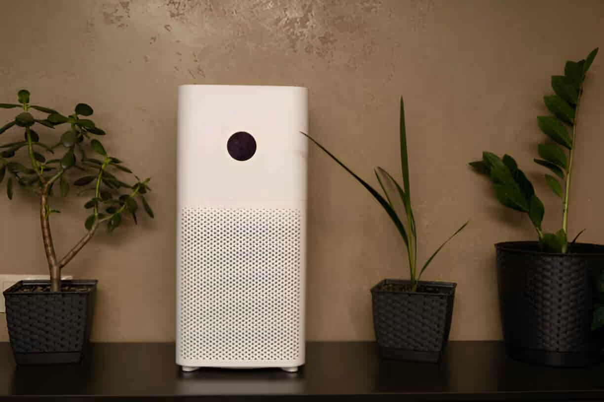 A modern air purifier placed on a dark shelf alongside potted plants for improved indoor air quality.