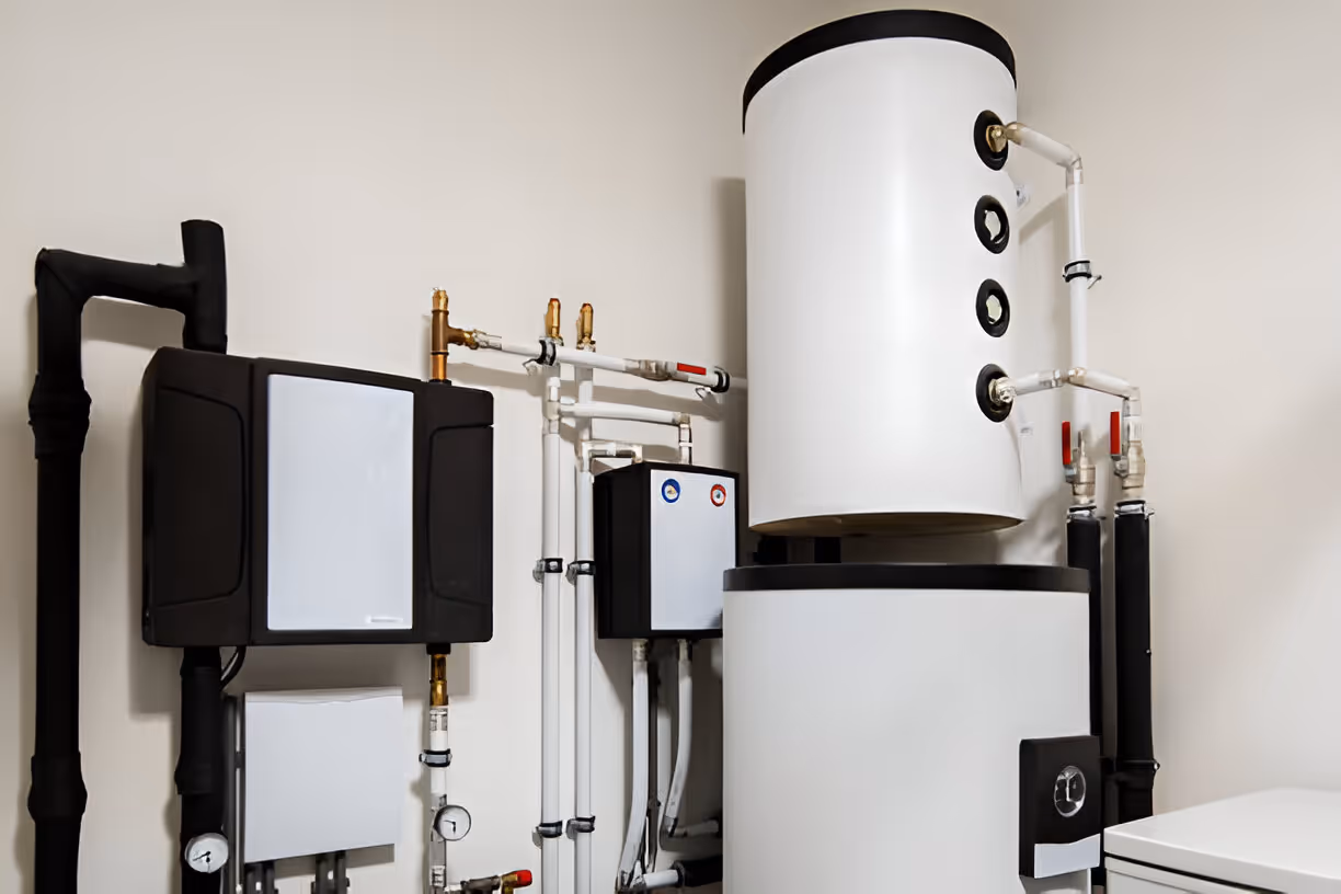Modern heating system featuring a white boiler and connected pipes in a utility room.